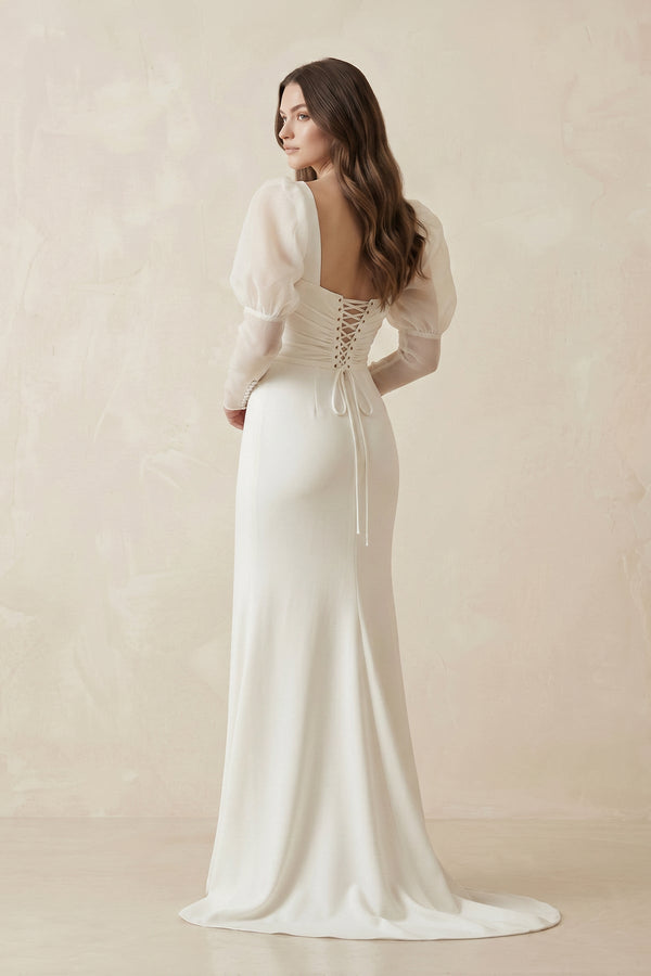 Casual Sweetheart Long Sleeve Satin With Side Slit Beach Wedding Dress – Wedding Dresses by KissProm | Available at KissProm