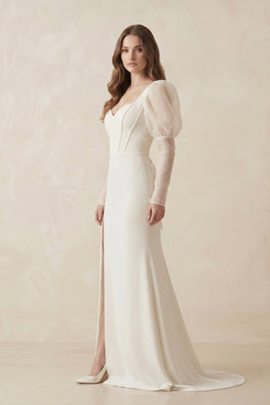 Casual Sweetheart Long Sleeve Satin With Side Slit Beach Wedding Dress – Wedding Dresses by KissProm | Available at KissProm