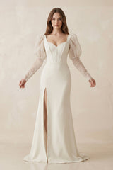 Casual Sweetheart Long Sleeve Satin With Side Slit Beach Wedding Dress – Wedding Dresses by KissProm | Available at KissProm