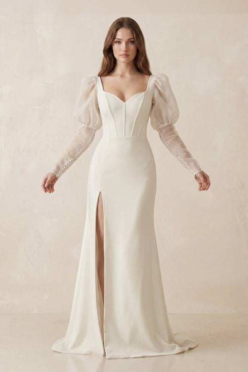 Casual Sweetheart Long Sleeve Satin With Side Slit Beach Wedding Dress – Wedding Dresses by KissProm | Available at KissProm