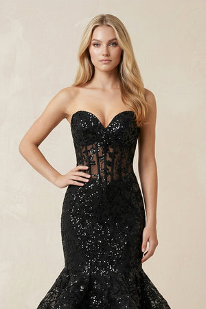 Mermaid Tiered Sequined Corset Maxi Wedding Dress in Black - KissProm Wedding Dresses