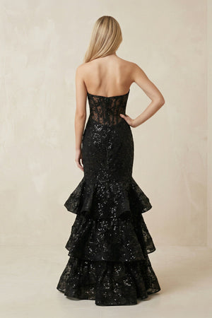 Mermaid Tiered Sequined Corset Maxi Wedding Dress in Black - KissProm Wedding Dresses