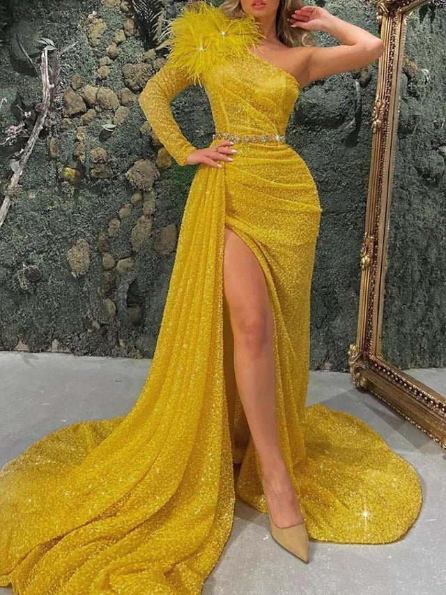 Keilani | Mermaid Evening Gown Corsets Dress Formal Court Train Long Sleeve One Shoulder Sequined with Feather Sequin Slit