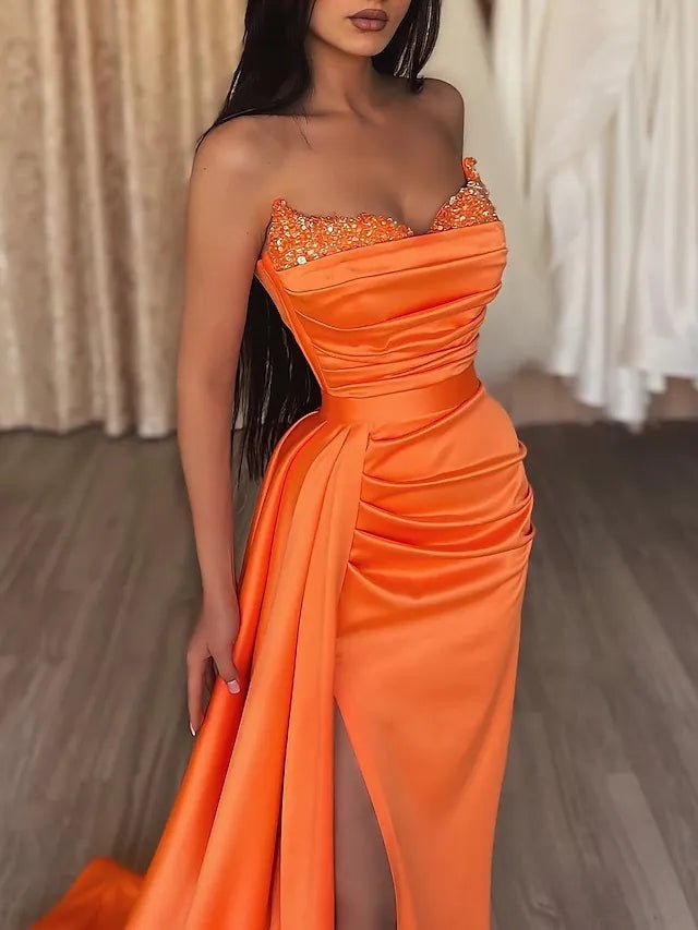 Sasha | Mermaid Evening Gown Sexy Dress Prom Court Train Sleeveless Strapless Satin with Slit Pure Color