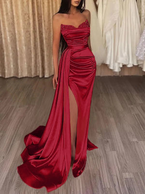Sasha | Mermaid Evening Gown Sexy Dress Prom Court Train Sleeveless Strapless Satin with Slit Pure Color