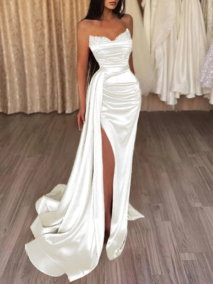 Sasha | Mermaid Evening Gown Sexy Dress Prom Court Train Sleeveless Strapless Satin with Slit Pure Color