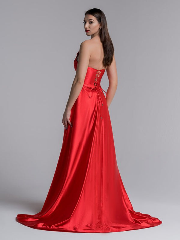 Mermaid Evening Gown Sexy Dress Prom Court Train Sleeveless Strapless Satin with Slit Pure Color - KISSPROM PROM DRESSES