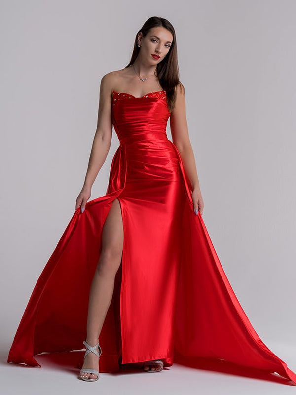 Mermaid Evening Gown Sexy Dress Prom Court Train Sleeveless Strapless Satin with Slit Pure Color - KISSPROM PROM DRESSES