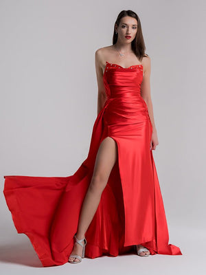 Mermaid Evening Gown Sexy Dress Prom Court Train Sleeveless Strapless Satin with Slit Pure Color - KISSPROM PROM DRESSES