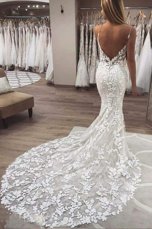 Monreal | Mermaid Spaghetti Straps V-neck Lace Wedding Dresses
