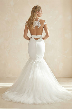 Sexy Mermaid Lace and Tulle Appliqued Cap Sleeve Bridal Gown – Wedding Dresses by KissProm | Available at KissProm