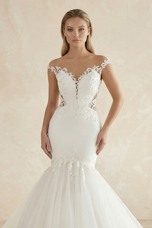 Sexy Mermaid Lace and Tulle Appliqued Cap Sleeve Bridal Gown – Wedding Dresses by KissProm | Available at KissProm