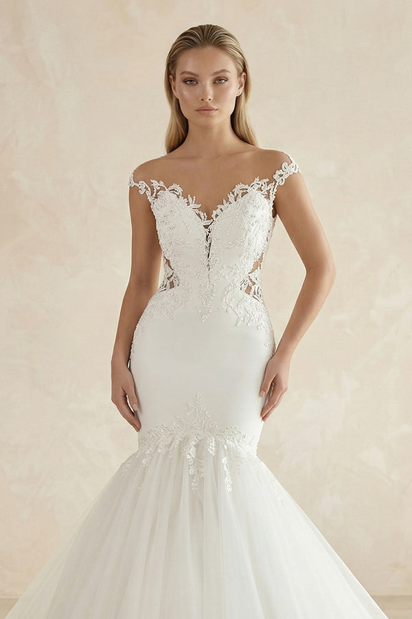 Sexy Mermaid Lace and Tulle Appliqued Cap Sleeve Bridal Gown – Wedding Dresses by KissProm | Available at KissProm