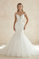 Sexy Mermaid Lace and Tulle Appliqued Cap Sleeve Bridal Gown – Wedding Dresses by KissProm | Available at KissProm
