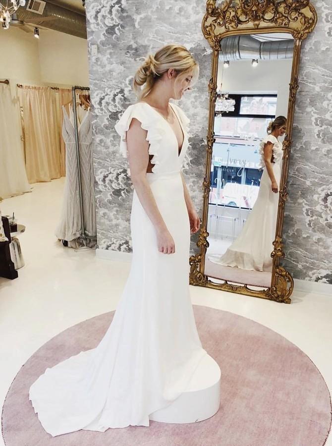 Mermaid V-Neck Cap Sleeves Backless Wedding Dress with Ruffles