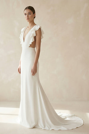 Mermaid V Neck Cap Sleeves Satin Wedding Dress in Ivory - KissProm Wedding Dresses