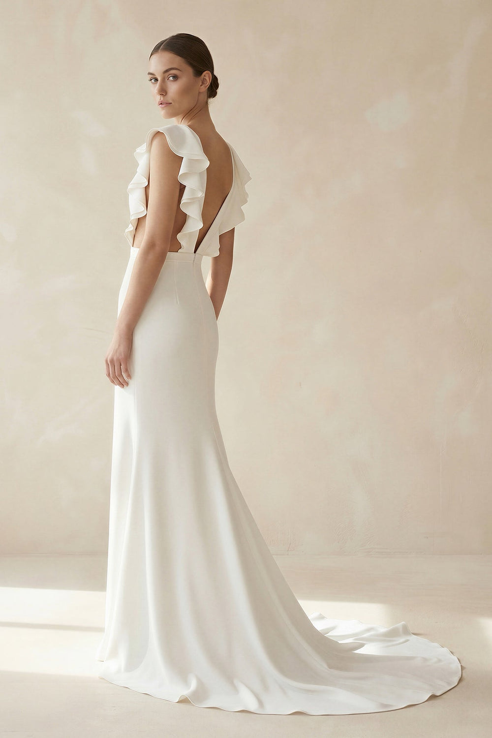Mermaid V Neck Cap Sleeves Satin Wedding Dress in Ivory - KissProm Wedding Dresses
