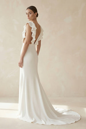 Mermaid V Neck Cap Sleeves Satin Wedding Dress in Ivory - KissProm Wedding Dresses
