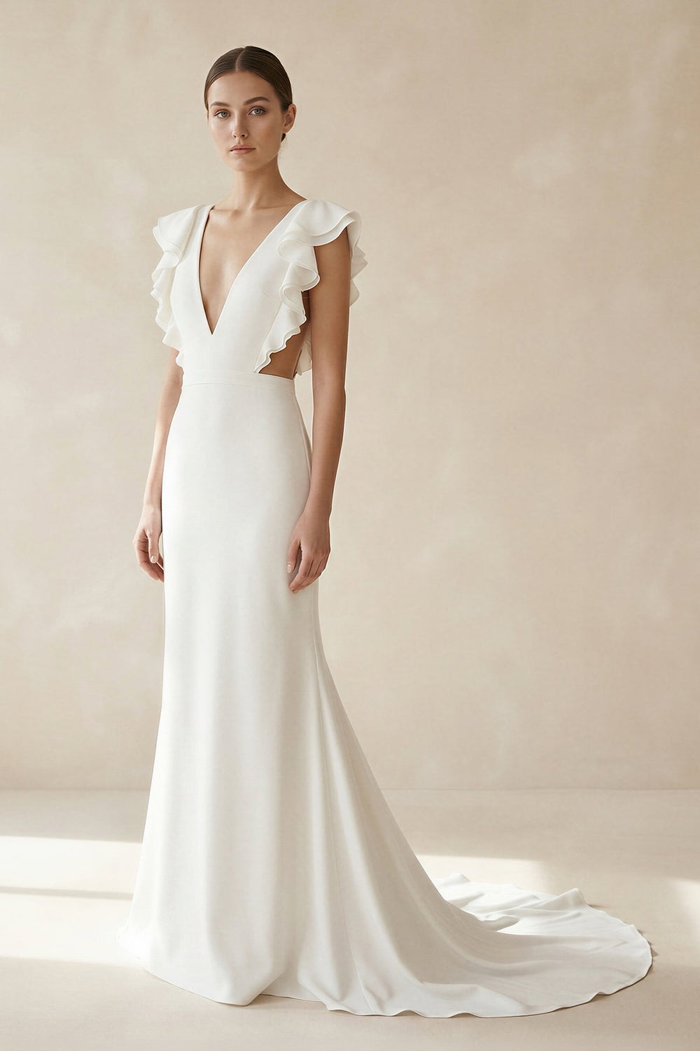 Mermaid V Neck Cap Sleeves Satin Wedding Dress in Ivory - KissProm Wedding Dresses