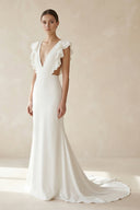 Mermaid V Neck Cap Sleeves Satin Wedding Dress in Ivory - KissProm Wedding Dresses