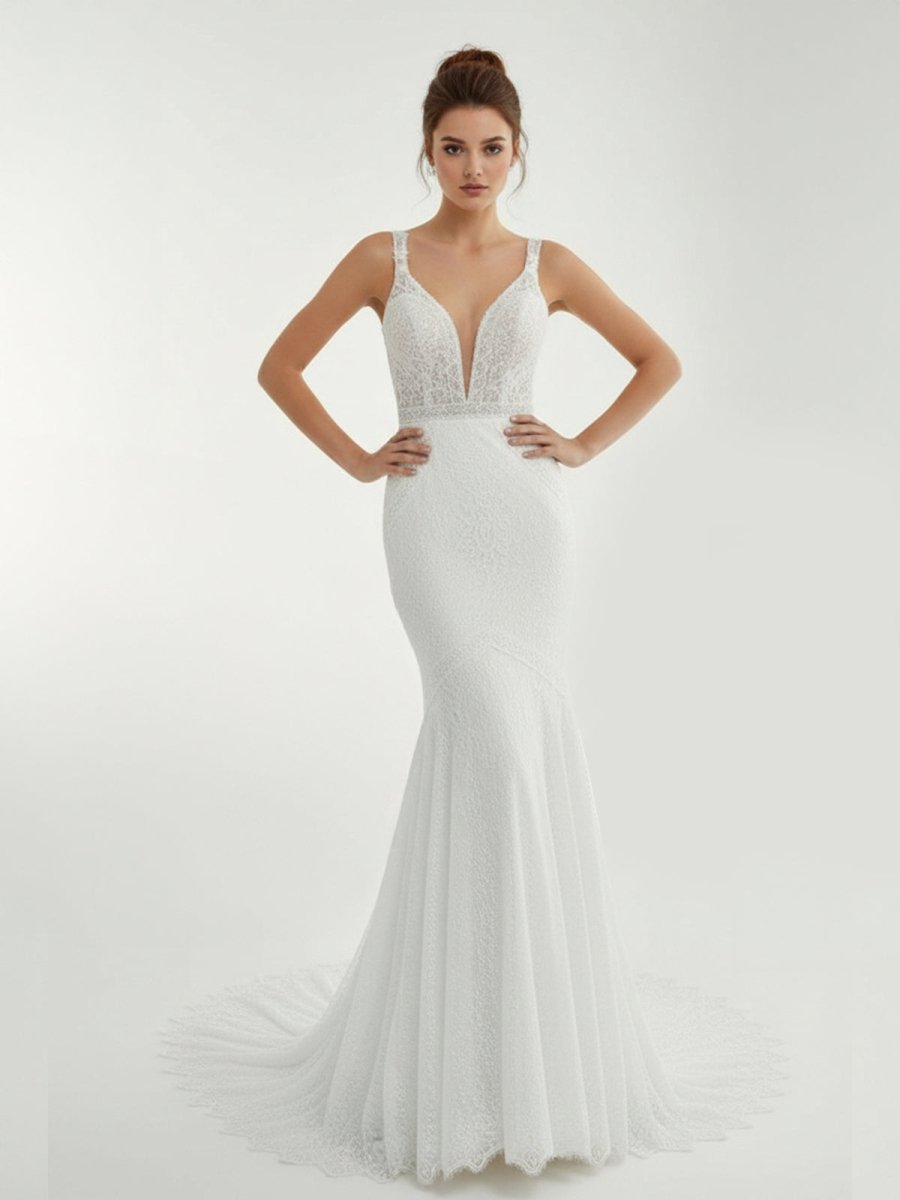 Mermaid White V Neck Illusion Wedding Dress - KissProm