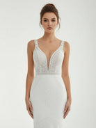 Mermaid White V Neck Illusion Wedding Dress - KissProm