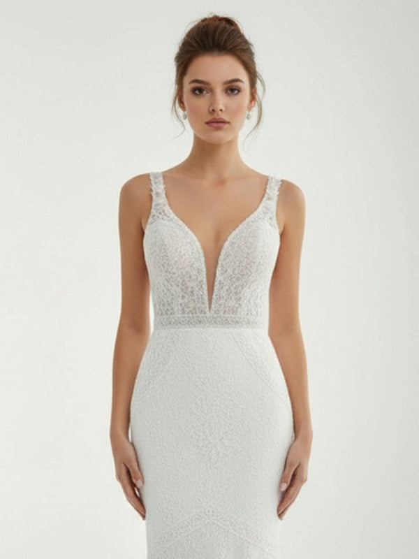 Mermaid White V Neck Illusion Wedding Dress - KissProm