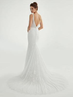 Mermaid White V Neck Illusion Wedding Dress - KissProm