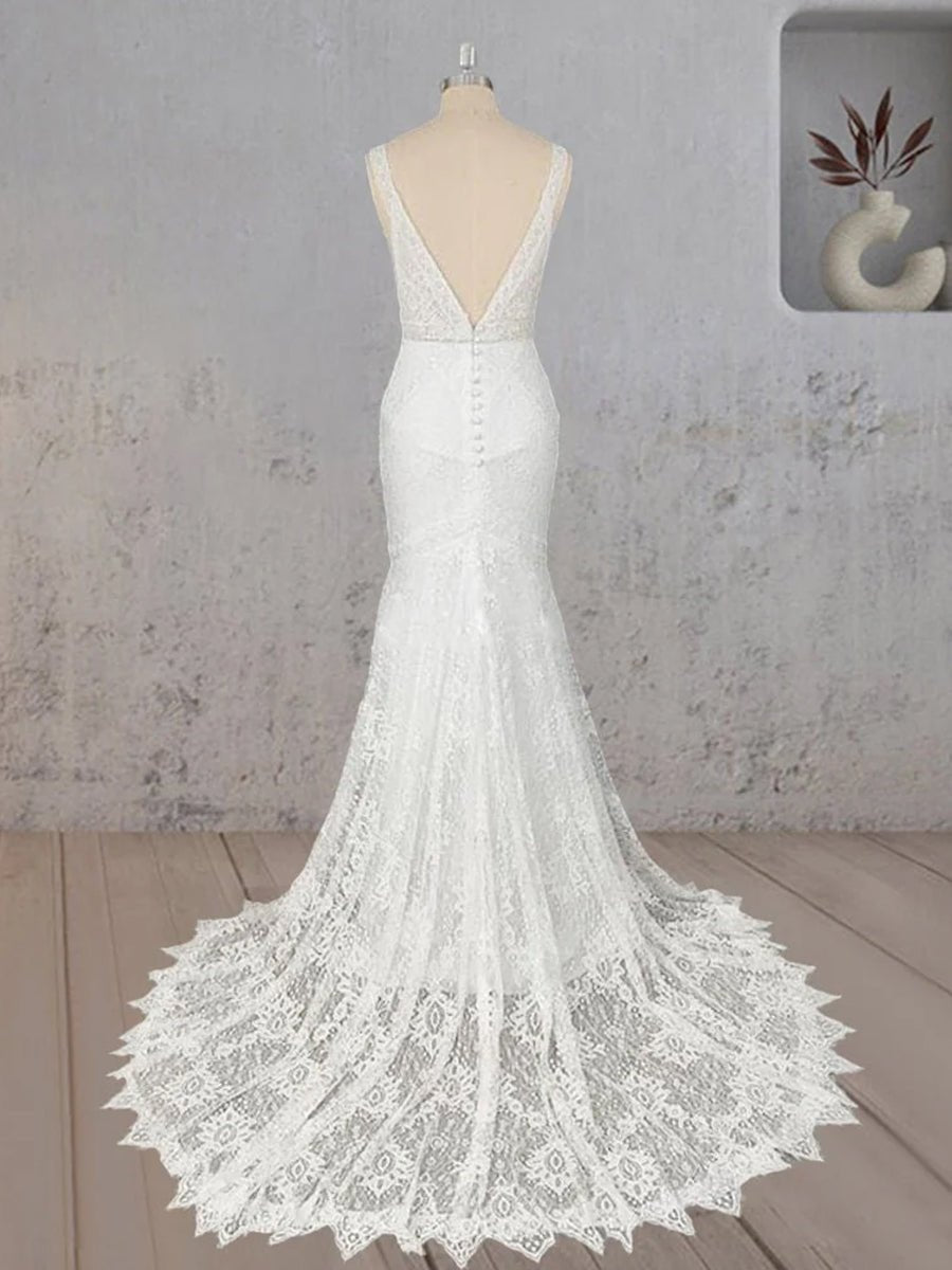 Mermaid White V Neck Illusion Wedding Dress - KissProm