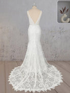 Mermaid White V Neck Illusion Wedding Dress - KissProm