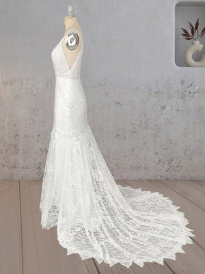 Mermaid White V Neck Illusion Wedding Dress - KissProm
