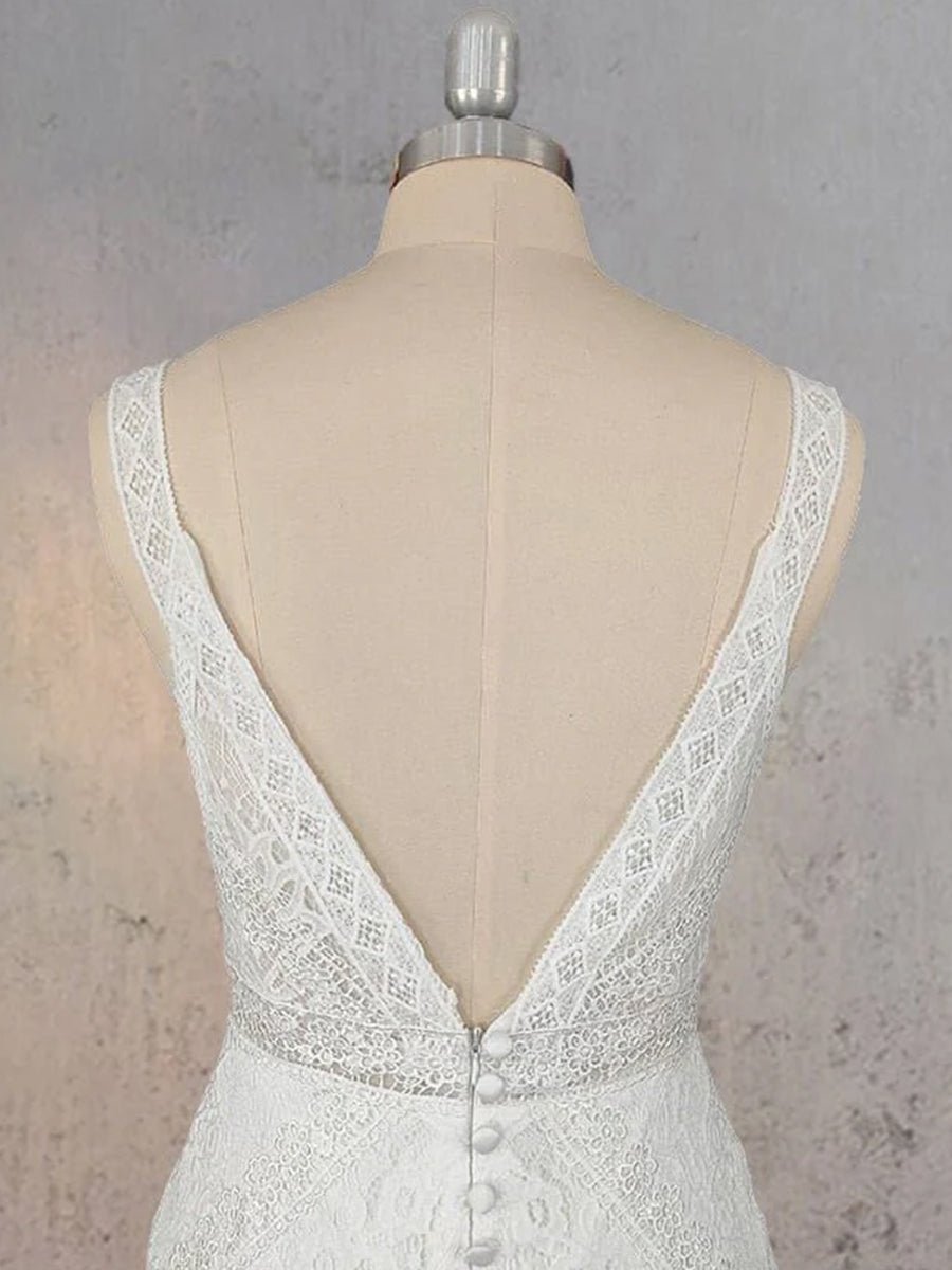 Mermaid White V Neck Illusion Wedding Dress - KissProm