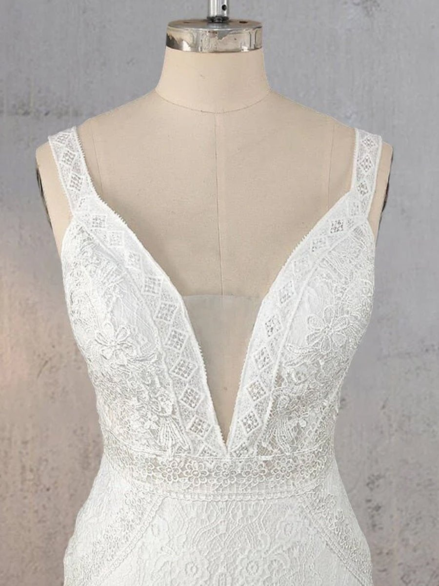 Mermaid White V Neck Illusion Wedding Dress - KissProm