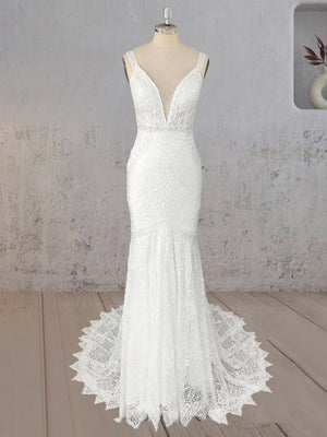 Mermaid White V Neck Illusion Wedding Dress - KissProm