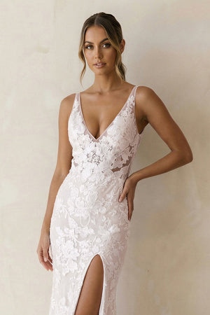 Mermaid V Neck Lace Wedding Dresses with Slit in White - KissProm Wedding Dresses