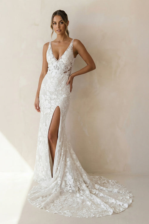 Mermaid V Neck Lace Wedding Dresses with Slit in White - KissProm Wedding Dresses