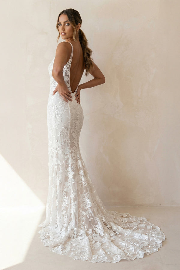 Mermaid V Neck Lace Wedding Dresses with Slit in White - KissProm Wedding Dresses