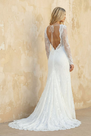 Vintage Sheath Satin V-neck Long Sleeve Wedding Dress