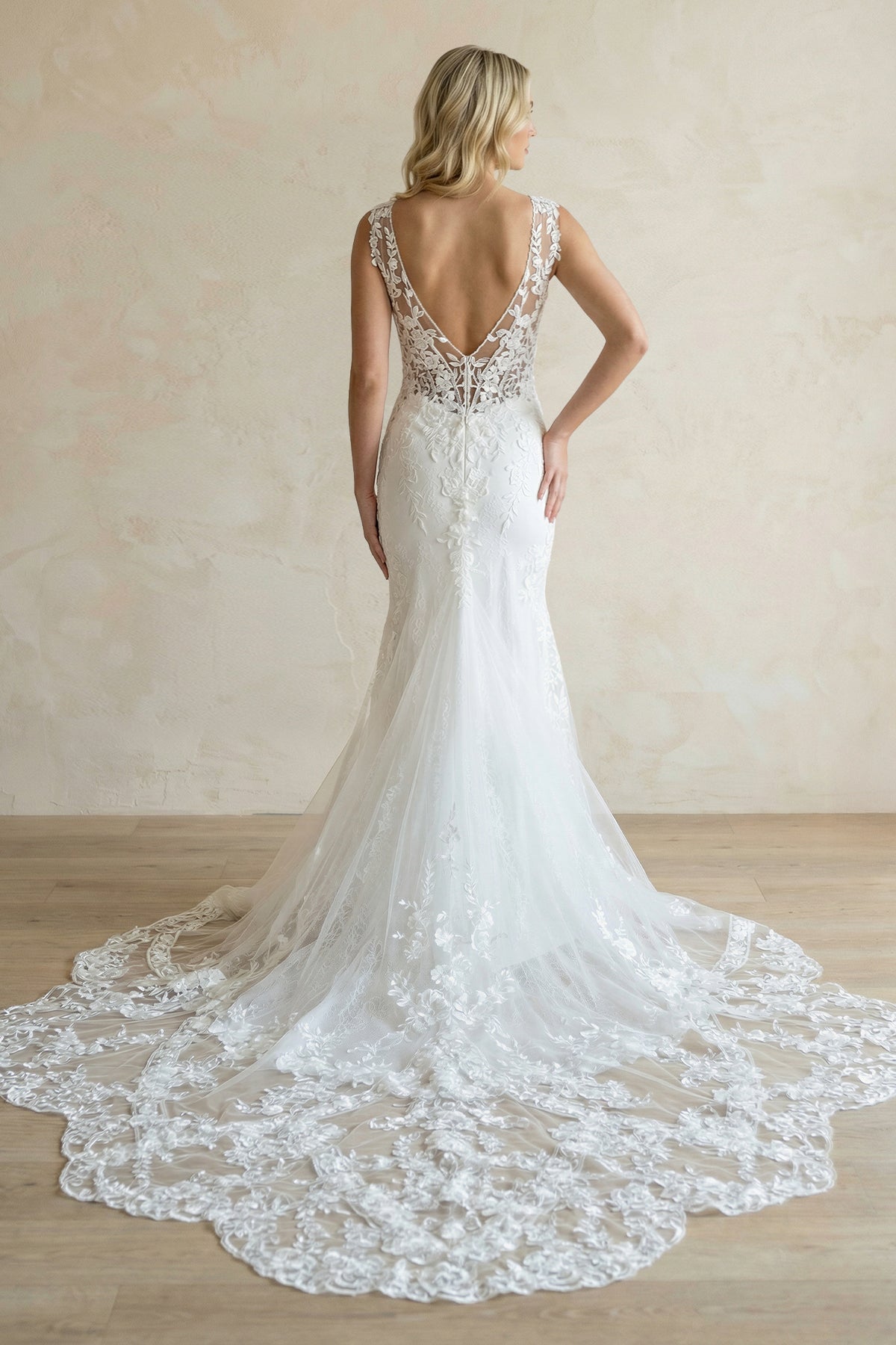 KissProm Mermaid V-Neck Long Sleeves Wedding Dress With Appliques, Diamond White / Custom Size
