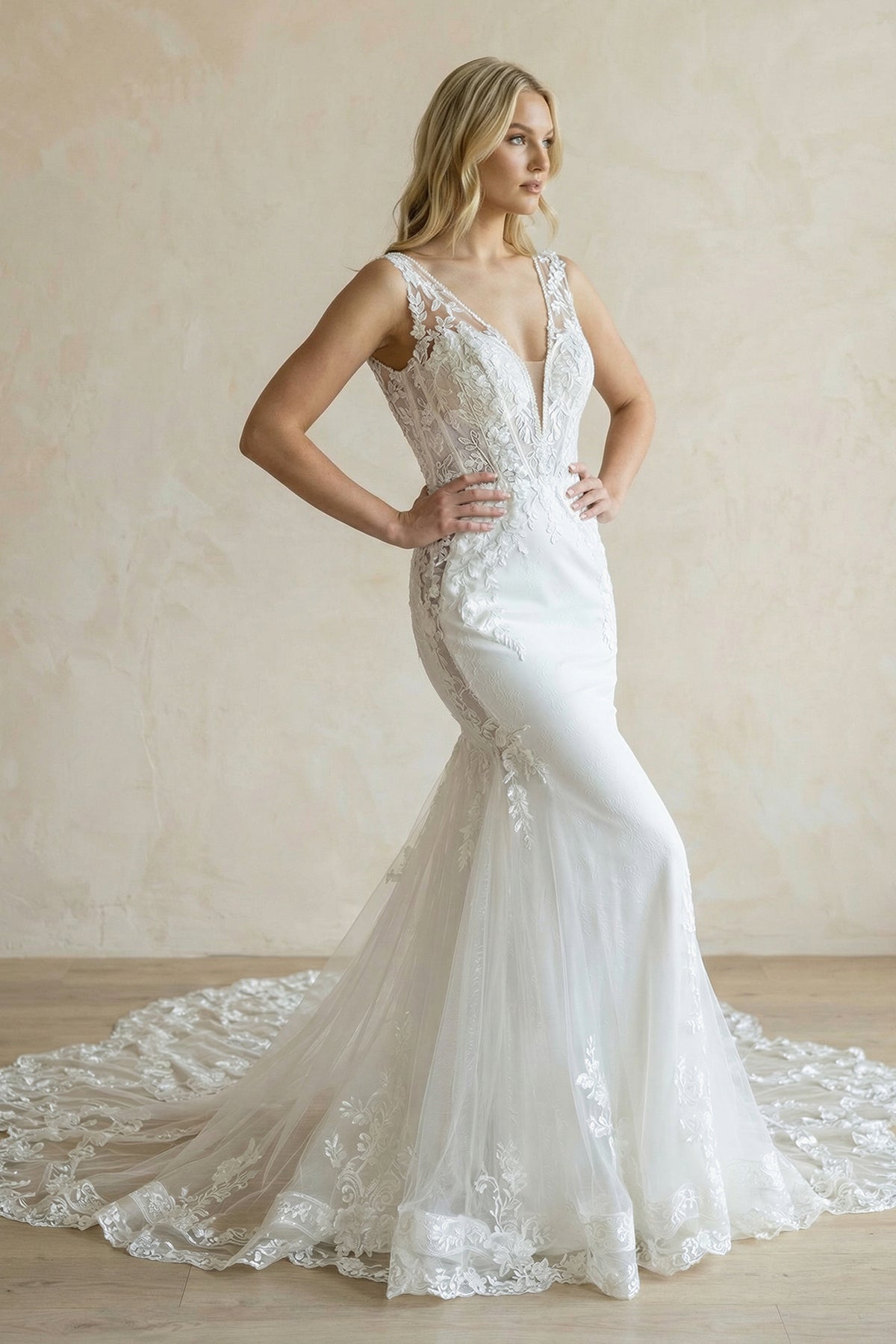 Mermaid V-Neck Long Sleeves Wedding Dress With Appliques, Diamond White / Custom Size