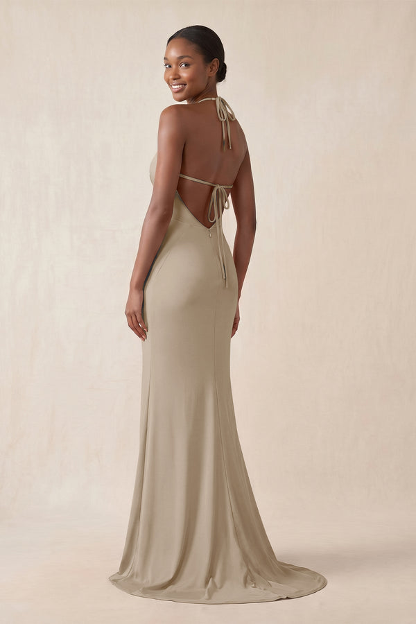 Mermaid V - Neck Satin Bridesmaid Dress With Slit in Almond - KissProm Bridesmaid Dresses
