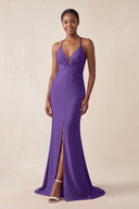 Mermaid V - Neck Satin Bridesmaid Dress With Slit in Amethyst - KissProm Bridesmaid Dresses