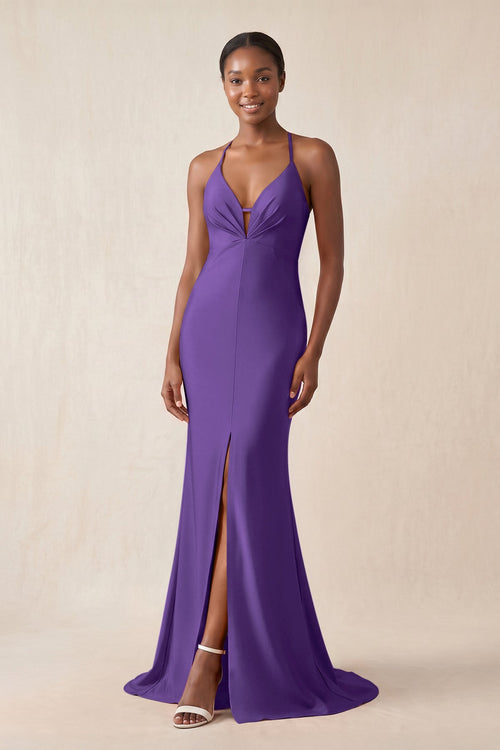 Mermaid V - Neck Satin Bridesmaid Dress With Slit in Amethyst - KissProm Bridesmaid Dresses