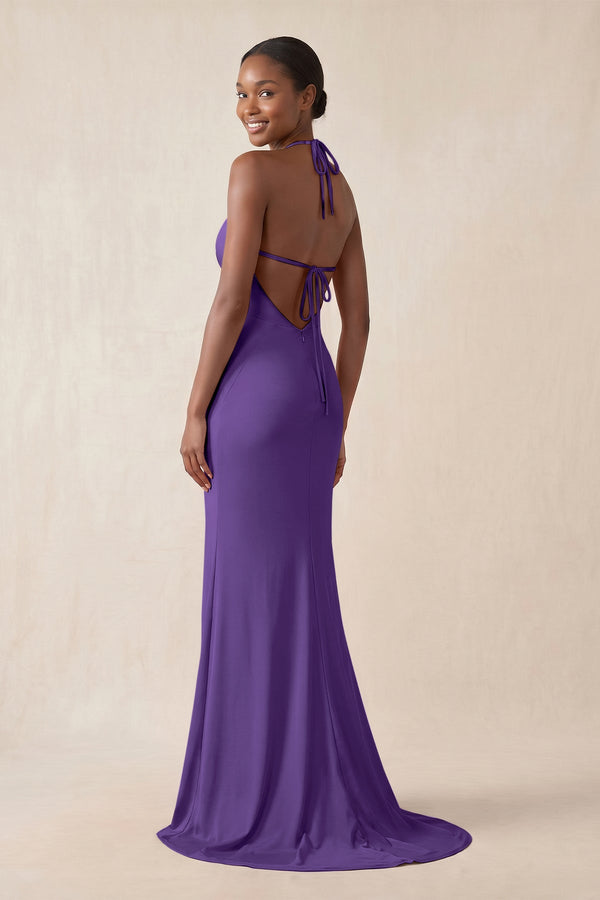 Mermaid V - Neck Satin Bridesmaid Dress With Slit in Amethyst - KissProm Bridesmaid Dresses