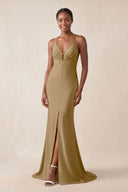 Mermaid V - Neck Satin Bridesmaid Dress With Slit in Apple Cinnamon - KissProm Bridesmaid Dresses