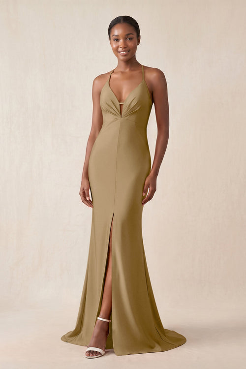 Mermaid V - Neck Satin Bridesmaid Dress With Slit in Apple Cinnamon - KissProm Bridesmaid Dresses