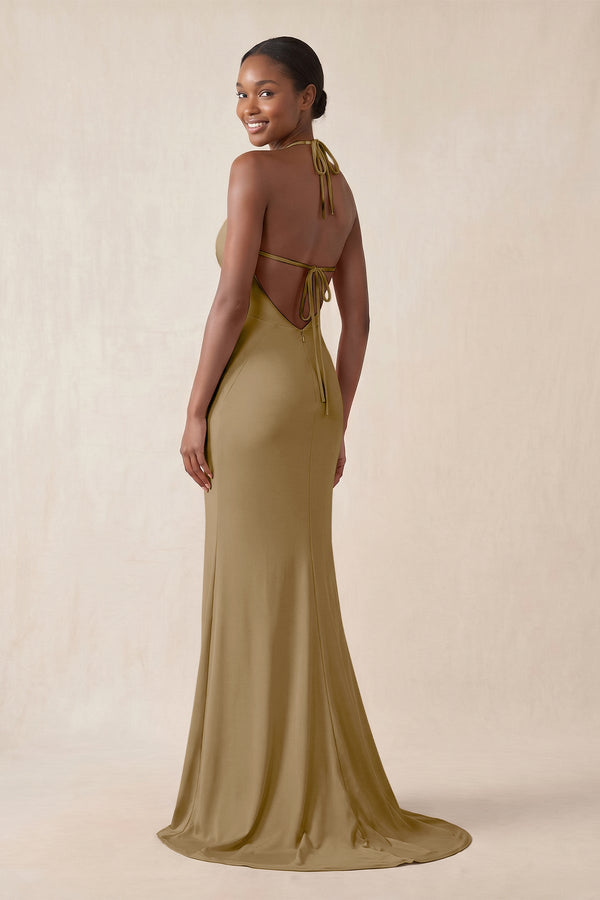Mermaid V - Neck Satin Bridesmaid Dress With Slit in Apple Cinnamon - KissProm Bridesmaid Dresses