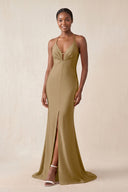 Mermaid V - Neck Satin Bridesmaid Dress With Slit in Apple Cinnamon - KissProm Bridesmaid Dresses