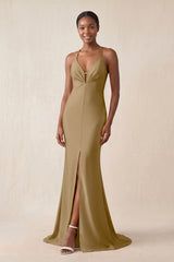 Mermaid V - Neck Satin Bridesmaid Dress With Slit in Apple Cinnamon - KissProm Bridesmaid Dresses