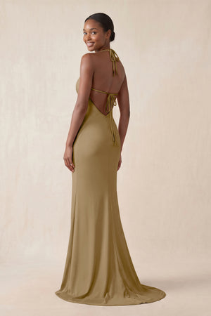 Mermaid V - Neck Satin Bridesmaid Dress With Slit in Apple Cinnamon - KissProm Bridesmaid Dresses